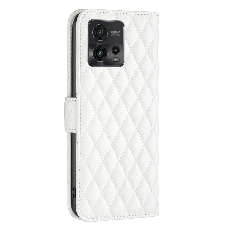 BINFEN COLOR BF Style-14 For Motorola Moto G72 4G Imprinted Rhombus Pattern Phone Case PU Leather Wallet Stand Shockproof Cell Phone Cover - White