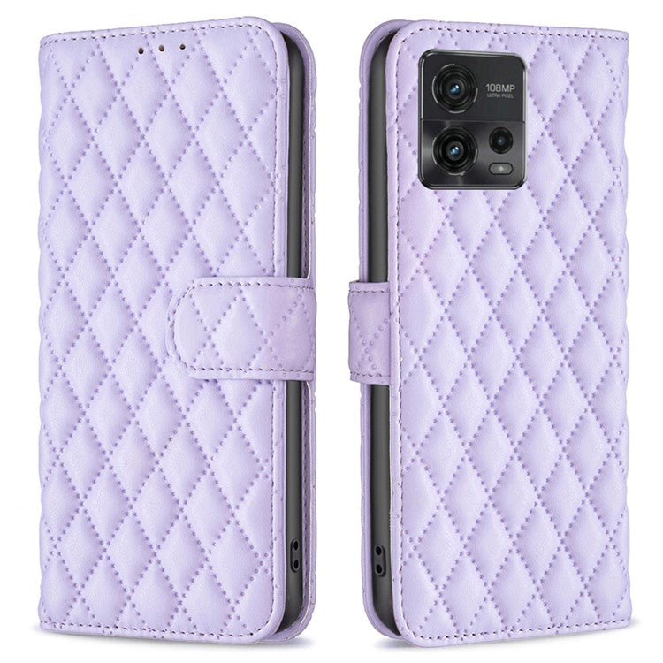 BINFEN COLOR BF Style-14 For Motorola Moto G72 4G Imprinted Rhombus Pattern Phone Case PU Leather Wallet Stand Shockproof Cell Phone Cover - Purple
