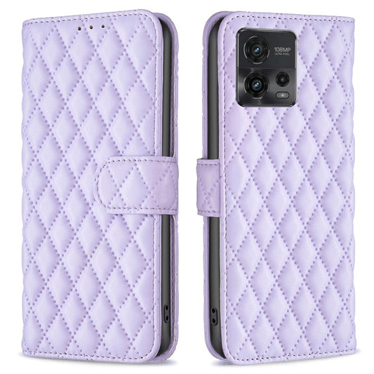 BINFEN COLOR BF Style-14 For Motorola Moto G72 4G Imprinted Rhombus Pattern Phone Case PU Leather Wallet Stand Shockproof Cell Phone Cover - Purple