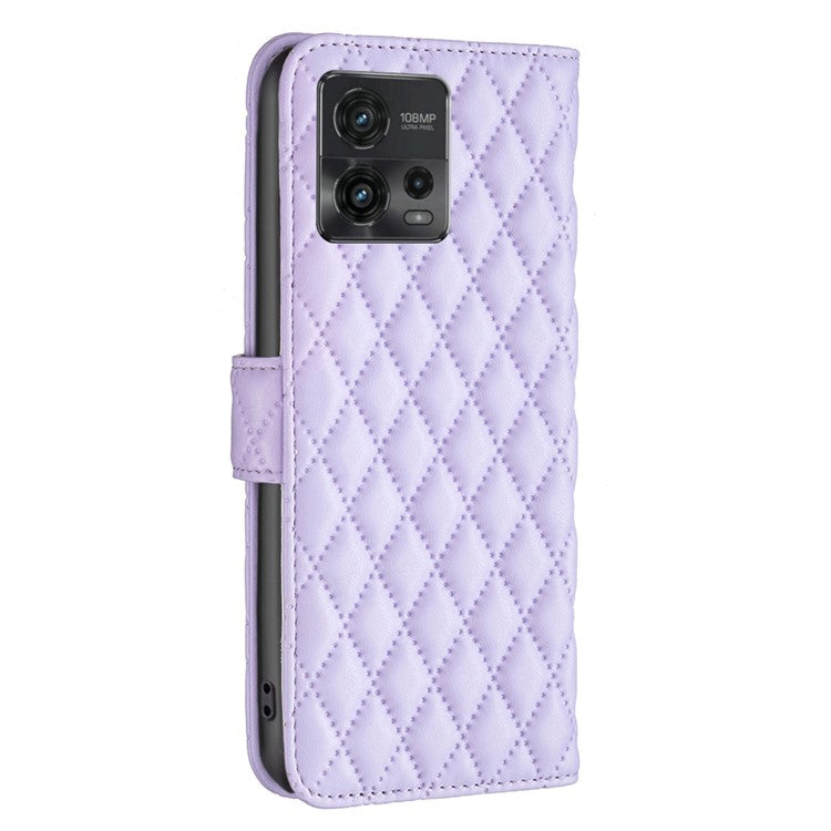 BINFEN COLOR BF Style-14 For Motorola Moto G72 4G Imprinted Rhombus Pattern Phone Case PU Leather Wallet Stand Shockproof Cell Phone Cover - Purple