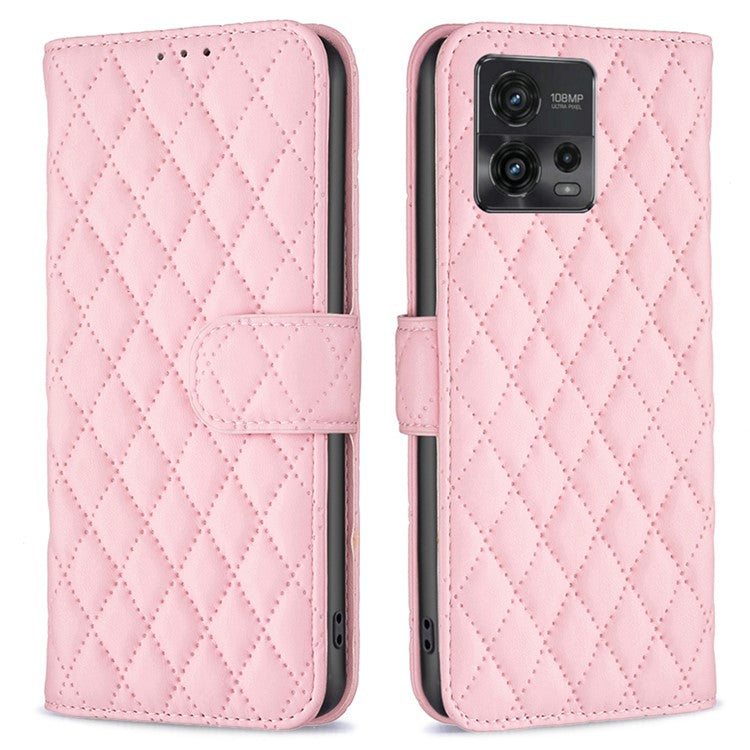 BINFEN COLOR BF Style-14 For Motorola Moto G72 4G Imprinted Rhombus Pattern Phone Case PU Leather Wallet Stand Shockproof Cell Phone Cover - Pink