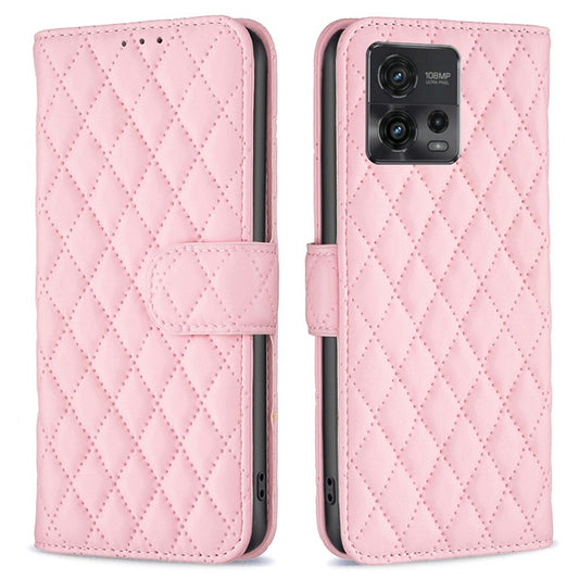 BINFEN COLOR BF Style-14 For Motorola Moto G72 4G Imprinted Rhombus Pattern Phone Case PU Leather Wallet Stand Shockproof Cell Phone Cover - Pink