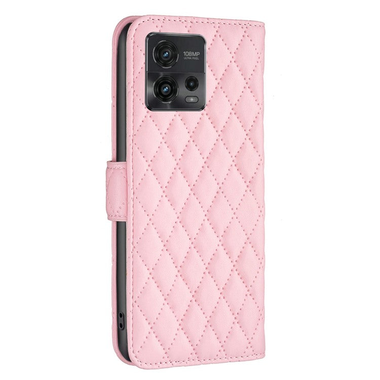 BINFEN COLOR BF Style-14 For Motorola Moto G72 4G Imprinted Rhombus Pattern Phone Case PU Leather Wallet Stand Shockproof Cell Phone Cover - Pink