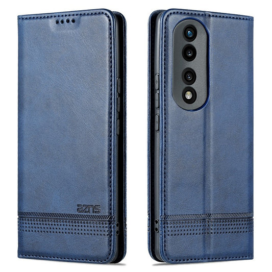 AZNS For Honor 80 5G Anti-scratch Cowhide Texture PU Leather Wallet Phone Case Viewing Stand Magnetic Auto Closure Flip Cover - Blue