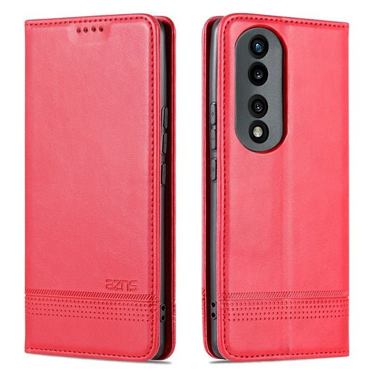 AZNS For Honor 80 5G Anti-scratch Cowhide Texture PU Leather Wallet Phone Case Viewing Stand Magnetic Auto Closure Flip Cover - Red