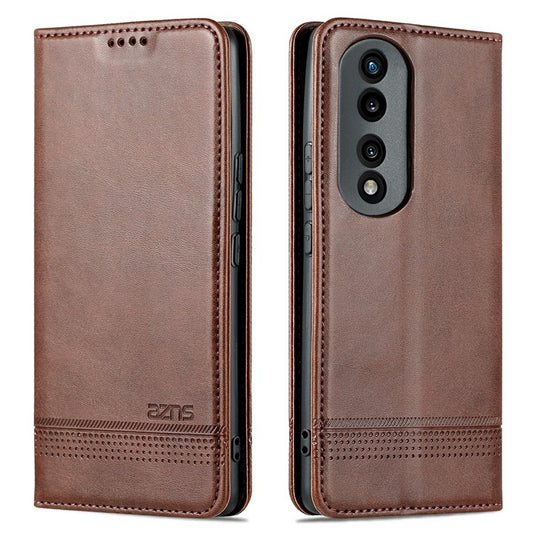 AZNS For Honor 80 5G Anti-scratch Cowhide Texture PU Leather Wallet Phone Case Viewing Stand Magnetic Auto Closure Flip Cover - Coffee