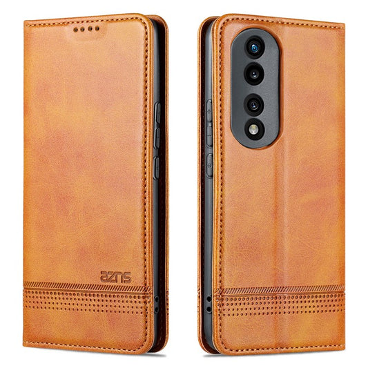 AZNS For Honor 80 5G Anti-scratch Cowhide Texture PU Leather Wallet Phone Case Viewing Stand Magnetic Auto Closure Flip Cover - Brown