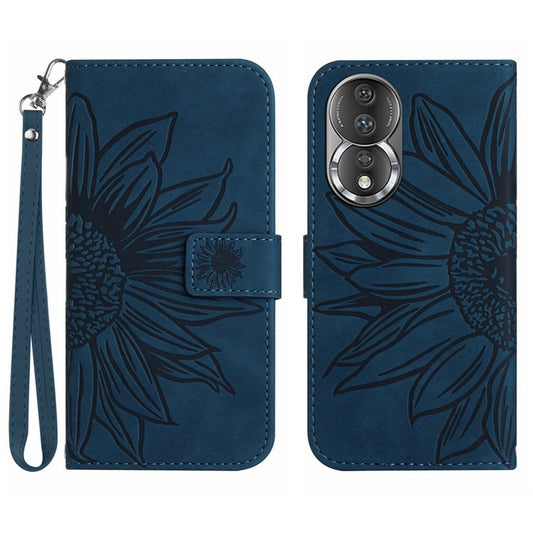 Shockproof Phone Cover For Honor 80 5G, HT04 Sunflower Imprinted Skin-Touch PU Leather Flip Wallet Case Stand with Hand Strap - Dark Blue
