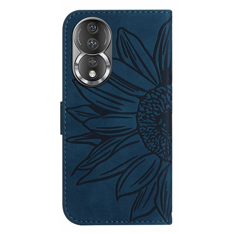 Shockproof Phone Cover For Honor 80 5G, HT04 Sunflower Imprinted Skin-Touch PU Leather Flip Wallet Case Stand with Hand Strap - Dark Blue