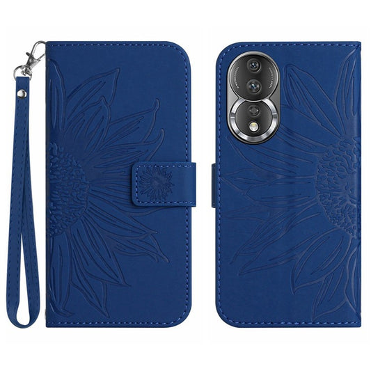 Shockproof Phone Cover For Honor 80 5G, HT04 Sunflower Imprinted Skin-Touch PU Leather Flip Wallet Case Stand with Hand Strap - Sapphire