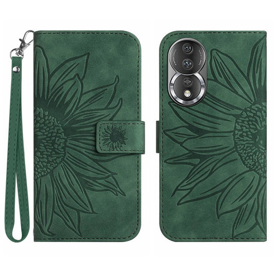 Shockproof Phone Cover For Honor 80 5G, HT04 Sunflower Imprinted Skin-Touch PU Leather Flip Wallet Case Stand with Hand Strap - Dark Green