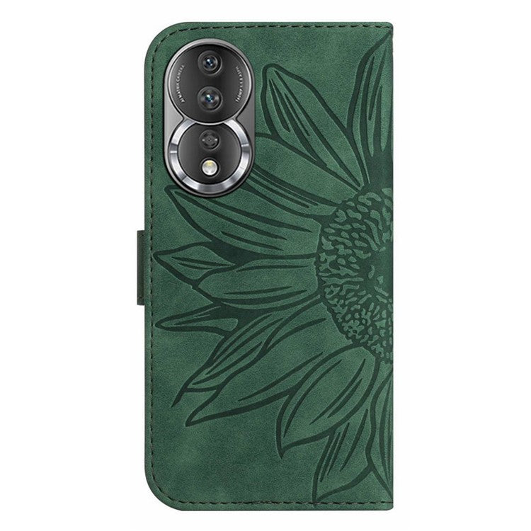 Shockproof Phone Cover For Honor 80 5G, HT04 Sunflower Imprinted Skin-Touch PU Leather Flip Wallet Case Stand with Hand Strap - Dark Green