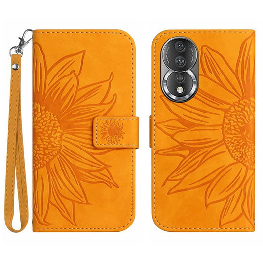 Shockproof Phone Cover For Honor 80 5G, HT04 Sunflower Imprinted Skin-Touch PU Leather Flip Wallet Case Stand with Hand Strap - Yellow