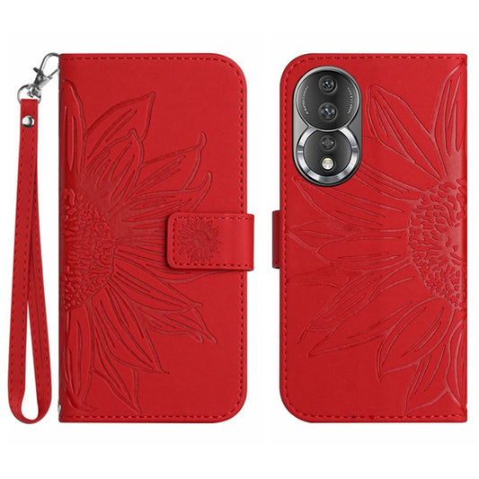 Shockproof Phone Cover For Honor 80 5G, HT04 Sunflower Imprinted Skin-Touch PU Leather Flip Wallet Case Stand with Hand Strap - Red