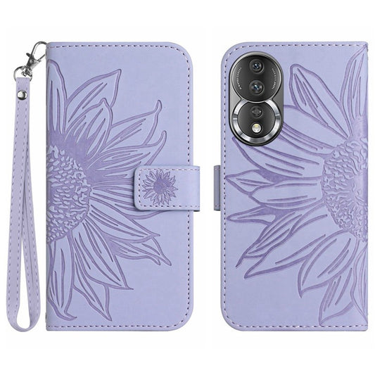 Shockproof Phone Cover For Honor 80 5G, HT04 Sunflower Imprinted Skin-Touch PU Leather Flip Wallet Case Stand with Hand Strap - Light Purple