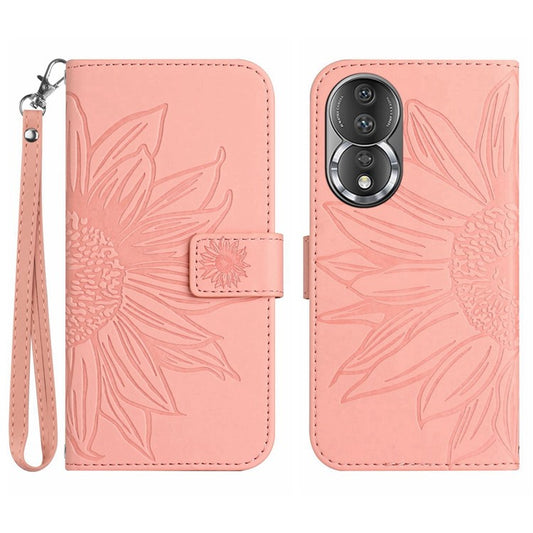 Shockproof Phone Cover For Honor 80 5G, HT04 Sunflower Imprinted Skin-Touch PU Leather Flip Wallet Case Stand with Hand Strap - Light Pink