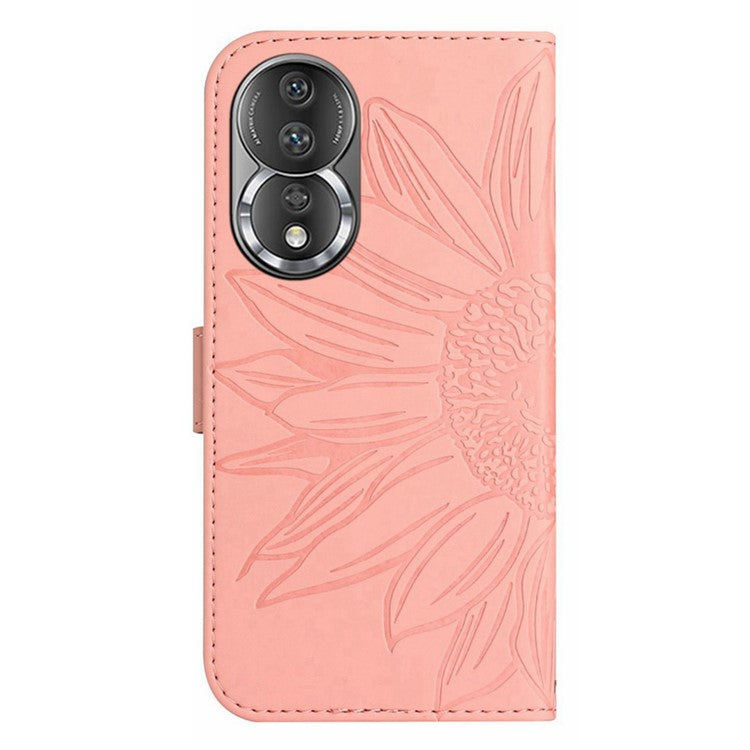 Shockproof Phone Cover For Honor 80 5G, HT04 Sunflower Imprinted Skin-Touch PU Leather Flip Wallet Case Stand with Hand Strap - Light Pink