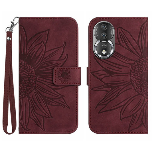Shockproof Phone Cover For Honor 80 5G, HT04 Sunflower Imprinted Skin-Touch PU Leather Flip Wallet Case Stand with Hand Strap - Wine Red