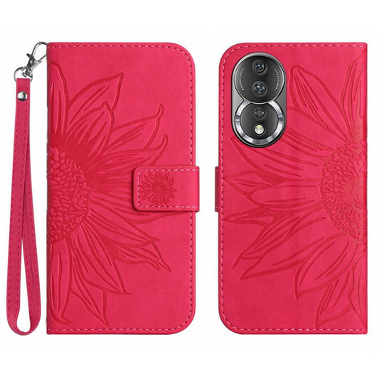 Shockproof Phone Cover For Honor 80 5G, HT04 Sunflower Imprinted Skin-Touch PU Leather Flip Wallet Case Stand with Hand Strap - Rose
