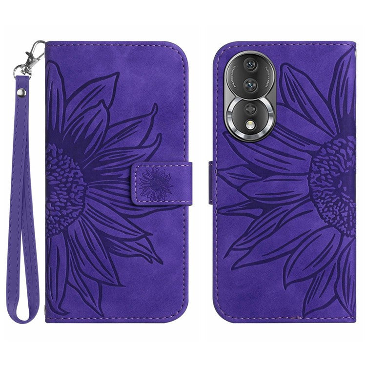 Shockproof Phone Cover For Honor 80 5G, HT04 Sunflower Imprinted Skin-Touch PU Leather Flip Wallet Case Stand with Hand Strap - Dark Purple