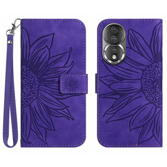Shockproof Phone Cover For Honor 80 5G, HT04 Sunflower Imprinted Skin-Touch PU Leather Flip Wallet Case Stand with Hand Strap - Dark Purple