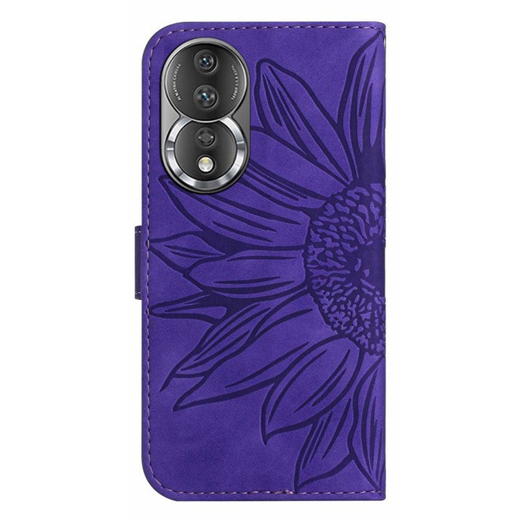 Shockproof Phone Cover For Honor 80 5G, HT04 Sunflower Imprinted Skin-Touch PU Leather Flip Wallet Case Stand with Hand Strap - Dark Purple