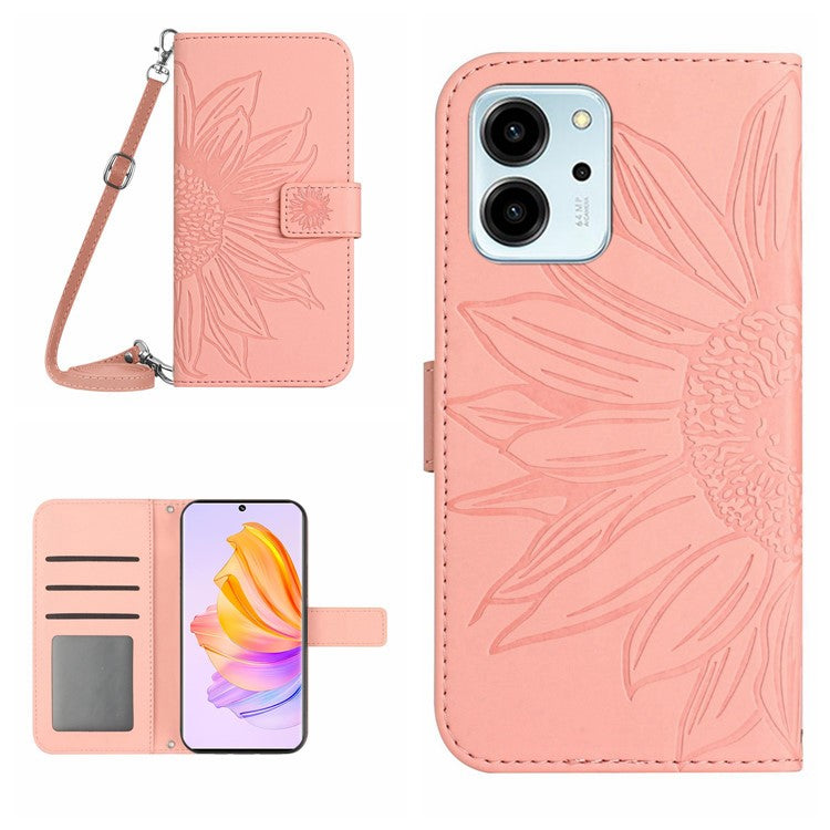 For Honor 80 SE 5G HT04 Phone Cover PU Leather Sunflower Imprinted Viewing Stand Wallet Skin-touch Feeling Phone Case with Shoulder Strap - Light Pink