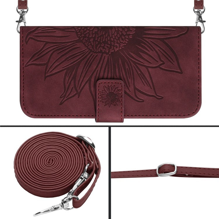 For Honor 80 SE 5G HT04 Phone Cover PU Leather Sunflower Imprinted Viewing Stand Wallet Skin-touch Feeling Phone Case with Shoulder Strap - Wine Red