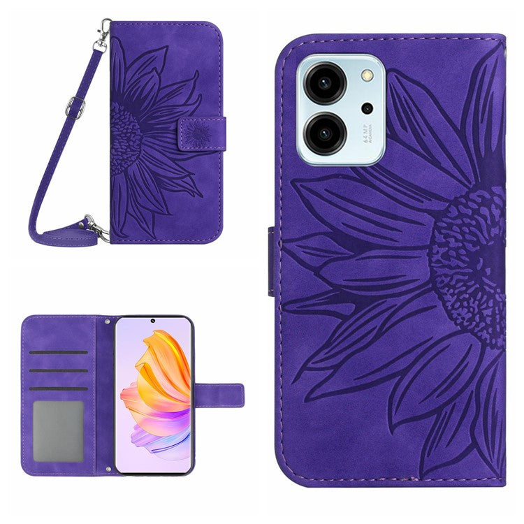 For Honor 80 SE 5G HT04 Phone Cover PU Leather Sunflower Imprinted Viewing Stand Wallet Skin-touch Feeling Phone Case with Shoulder Strap - Dark Purple