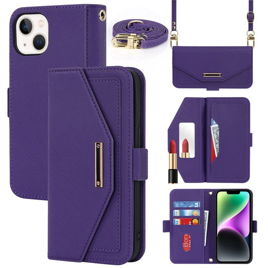 For iPhone 14 Drop-proof Cross Texture PU Leather Phone Case Stand Wallet with Inside Makeup Mirror and Shoulder Strap - Purple