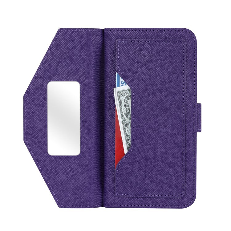 For iPhone 14 Drop-proof Cross Texture PU Leather Phone Case Stand Wallet with Inside Makeup Mirror and Shoulder Strap - Purple