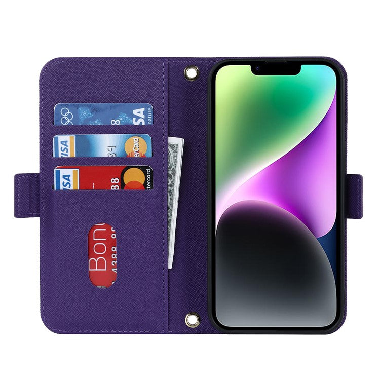 For iPhone 14 Drop-proof Cross Texture PU Leather Phone Case Stand Wallet with Inside Makeup Mirror and Shoulder Strap - Purple