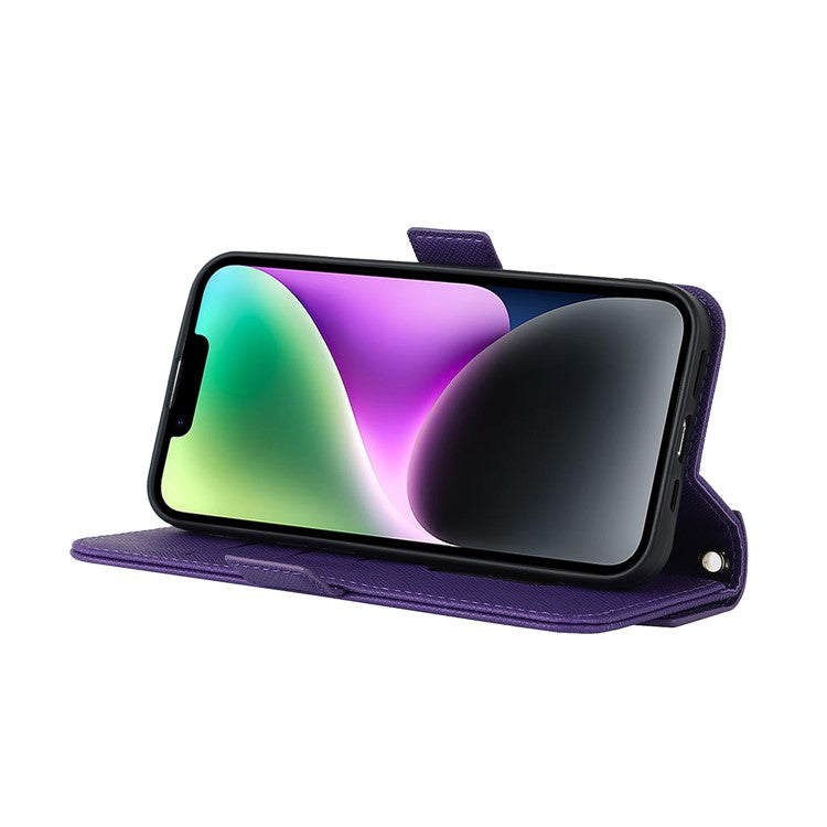 For iPhone 14 Drop-proof Cross Texture PU Leather Phone Case Stand Wallet with Inside Makeup Mirror and Shoulder Strap - Purple