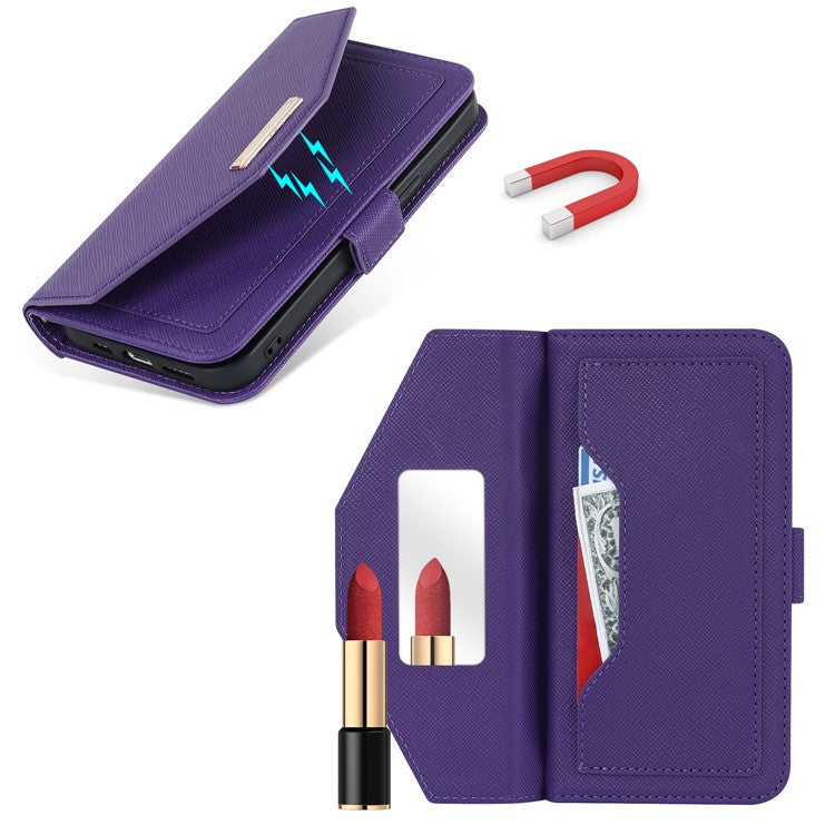 For iPhone 14 Drop-proof Cross Texture PU Leather Phone Case Stand Wallet with Inside Makeup Mirror and Shoulder Strap - Purple
