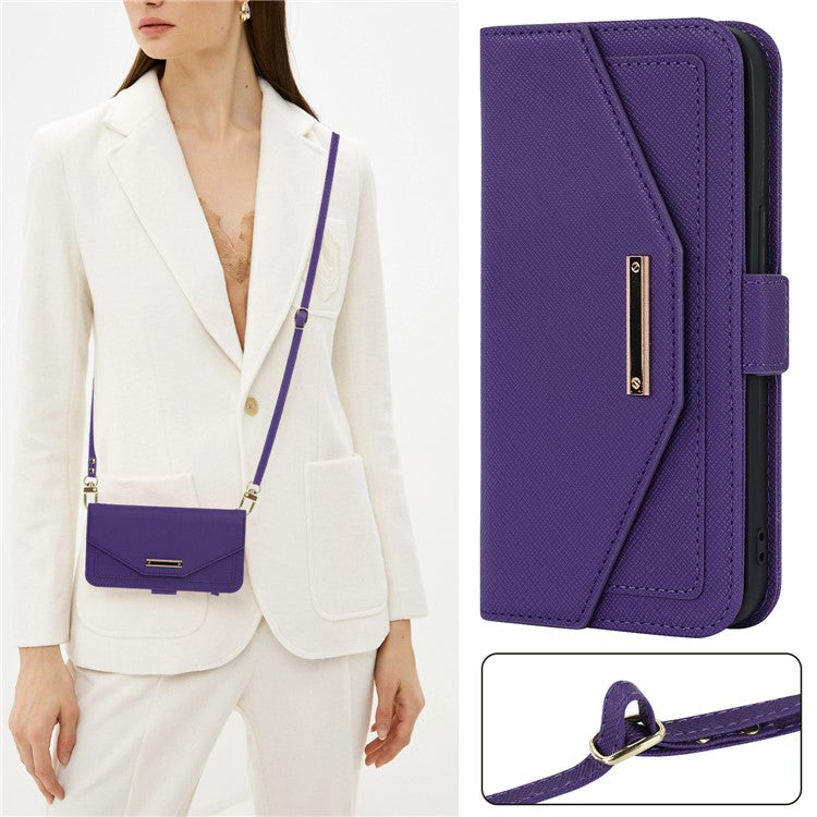 For iPhone 14 Drop-proof Cross Texture PU Leather Phone Case Stand Wallet with Inside Makeup Mirror and Shoulder Strap - Purple