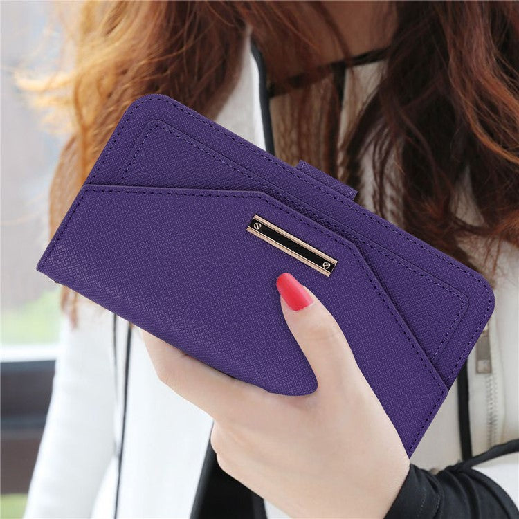For iPhone 14 Drop-proof Cross Texture PU Leather Phone Case Stand Wallet with Inside Makeup Mirror and Shoulder Strap - Purple