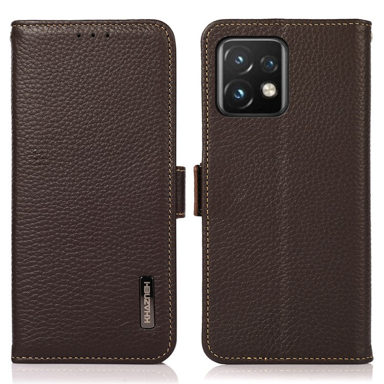 KHAZNEH for Motorola Moto Edge 40 Pro 5G / Moto X40 5G Full Protection Wallet RFID Blocking Stand Phone Case Litchi Texture Genuine Leather Flip Phone Cover - Brown