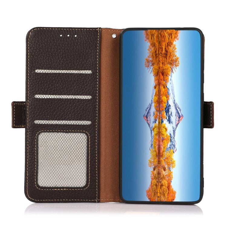 KHAZNEH for Motorola Moto Edge 40 Pro 5G / Moto X40 5G Full Protection Wallet RFID Blocking Stand Phone Case Litchi Texture Genuine Leather Flip Phone Cover - Brown