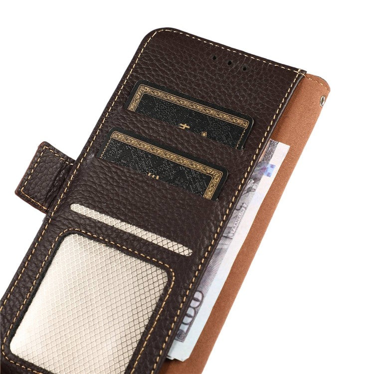 KHAZNEH for Motorola Moto Edge 40 Pro 5G / Moto X40 5G Full Protection Wallet RFID Blocking Stand Phone Case Litchi Texture Genuine Leather Flip Phone Cover - Brown