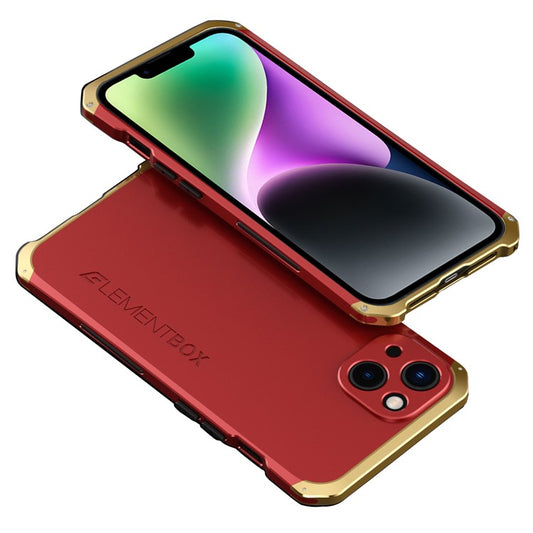 ELEMENT BOX For iPhone 14 Plus 3-Piece Design Hard PC Back Metal Frame Hybrid Cover Shockproof Cell Phone Case - Red  /  Gold