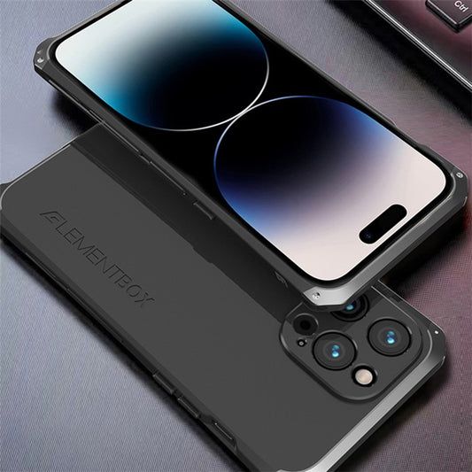 ELEMENT BOX For iPhone 14 Pro Metal Frame 3-Piece Design Phone Case Anti-drop Hard PC Back Cover Protector - Black  /  Black