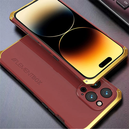 ELEMENT BOX For iPhone 14 Pro Max 3-Piece Design Hard PC Back Cover Metal Frame Shockproof Phone Case - Red  /  Gold