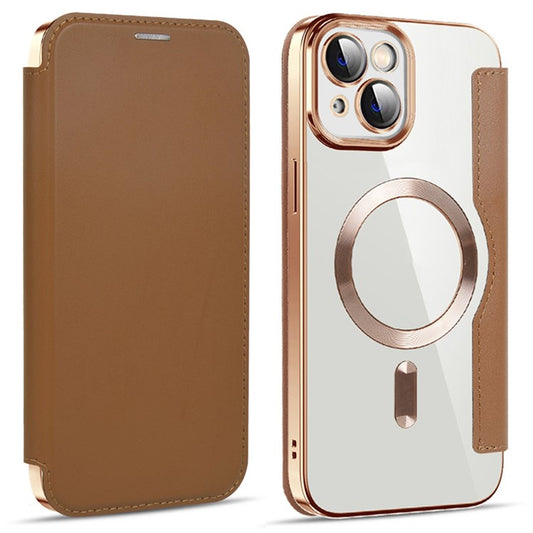 For iPhone 14 Compatible with MagSafe RFID Blocking Card Slots PU Leather+TPU Electroplating Clear Back Flip Case with Lens Film - Brown