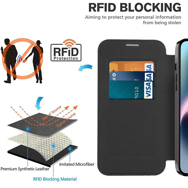 For iPhone 14 Compatible with MagSafe RFID Blocking Card Slots PU Leather+TPU Electroplating Clear Back Flip Case with Lens Film - Brown