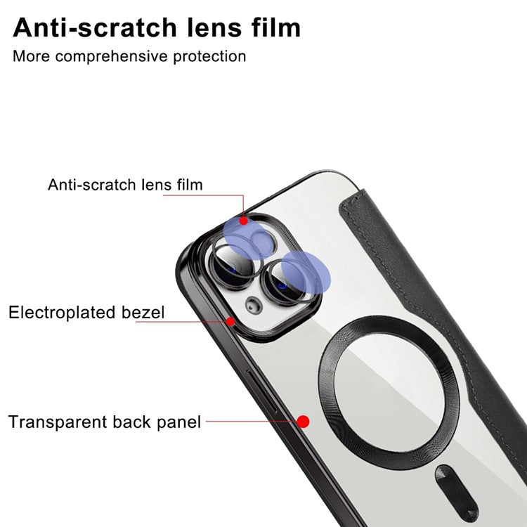 For iPhone 14 Compatible with MagSafe RFID Blocking Card Slots PU Leather+TPU Electroplating Clear Back Flip Case with Lens Film - Brown