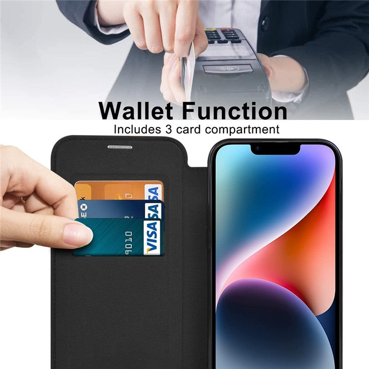 For iPhone 14 Compatible with MagSafe RFID Blocking Card Slots PU Leather+TPU Electroplating Clear Back Flip Case with Lens Film - Brown