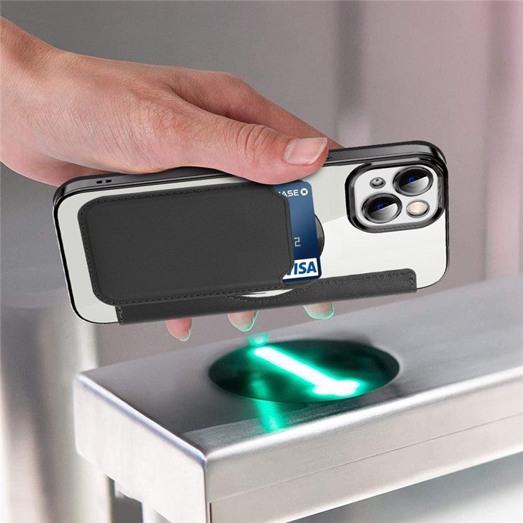 For iPhone 14 Compatible with MagSafe RFID Blocking Card Slots PU Leather+TPU Electroplating Clear Back Flip Case with Lens Film - Brown