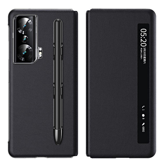 For Honor Magic Vs Ultimate 5G / Magic Vs 5G View Window Litchi Texture PU Leather Case Foldable Stand Cover with Pen Slot and Stylus Pen - Black