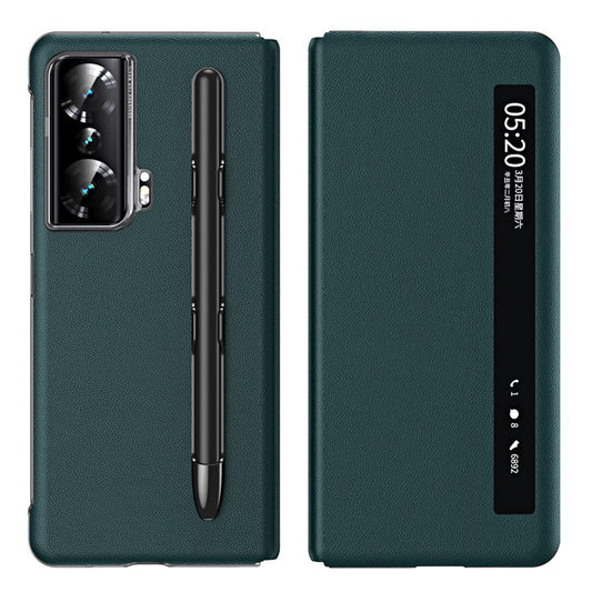 For Honor Magic Vs Ultimate 5G / Magic Vs 5G View Window Litchi Texture PU Leather Case Foldable Stand Cover with Pen Slot and Stylus Pen - Green
