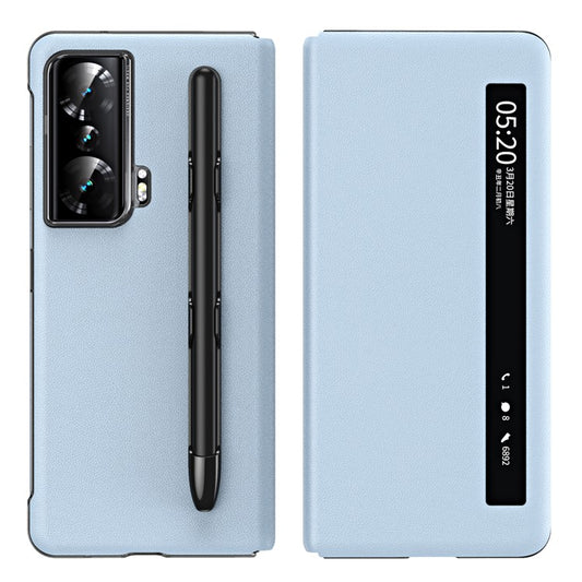 For Honor Magic Vs Ultimate 5G / Magic Vs 5G View Window Litchi Texture PU Leather Case Foldable Stand Cover with Pen Slot and Stylus Pen - Blue